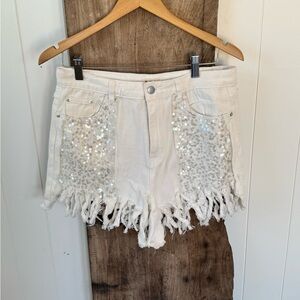POL White Sequin Denim Shorts with Sparkle Pockets SZ L